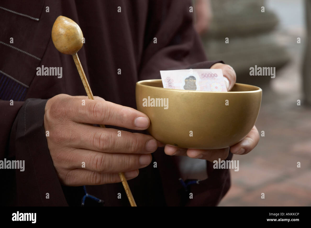 Monk With Begging Bowl, Hanoi, Vietnam Stock Photo