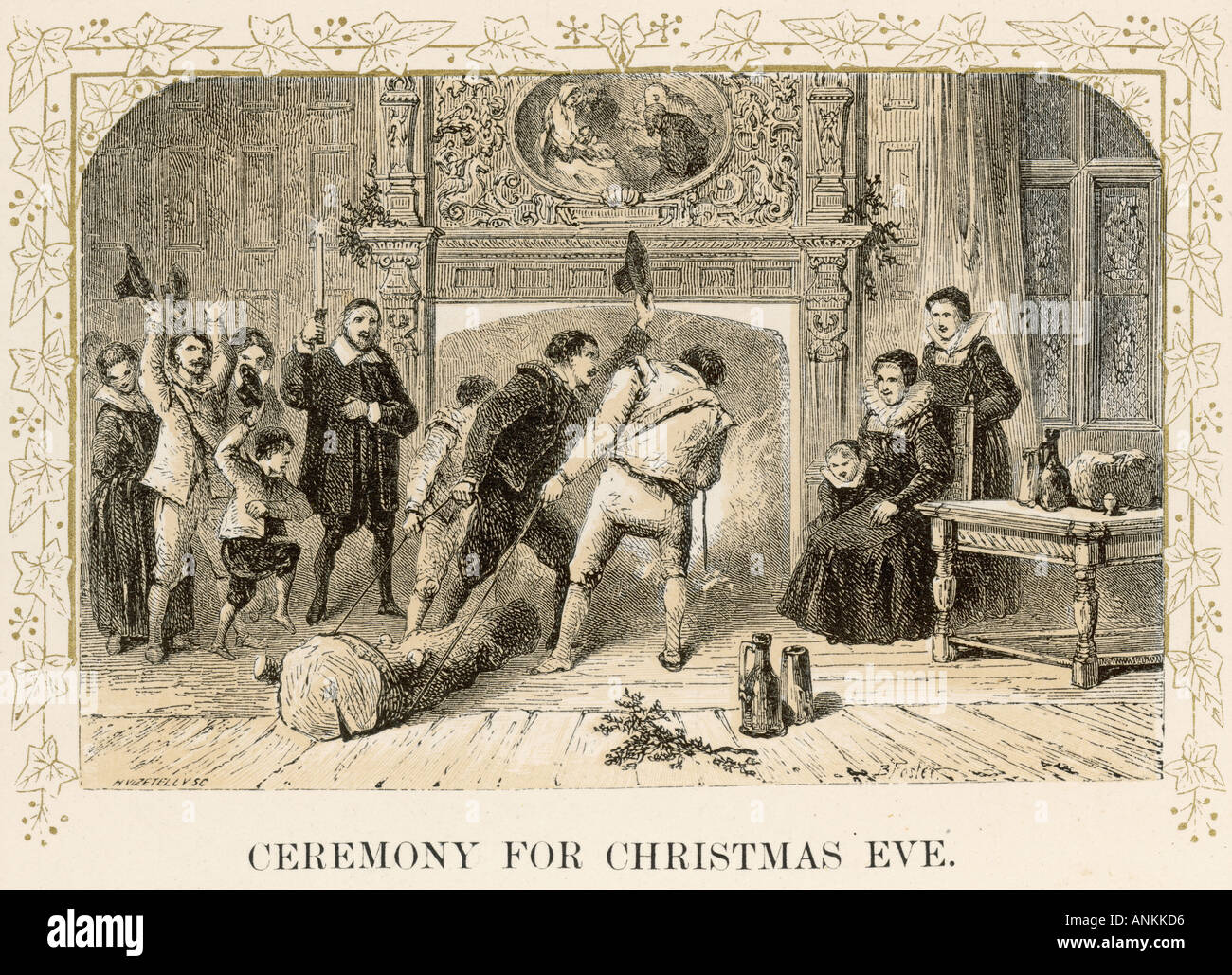 Hauling Yule Log 17c Stock Photo Alamy