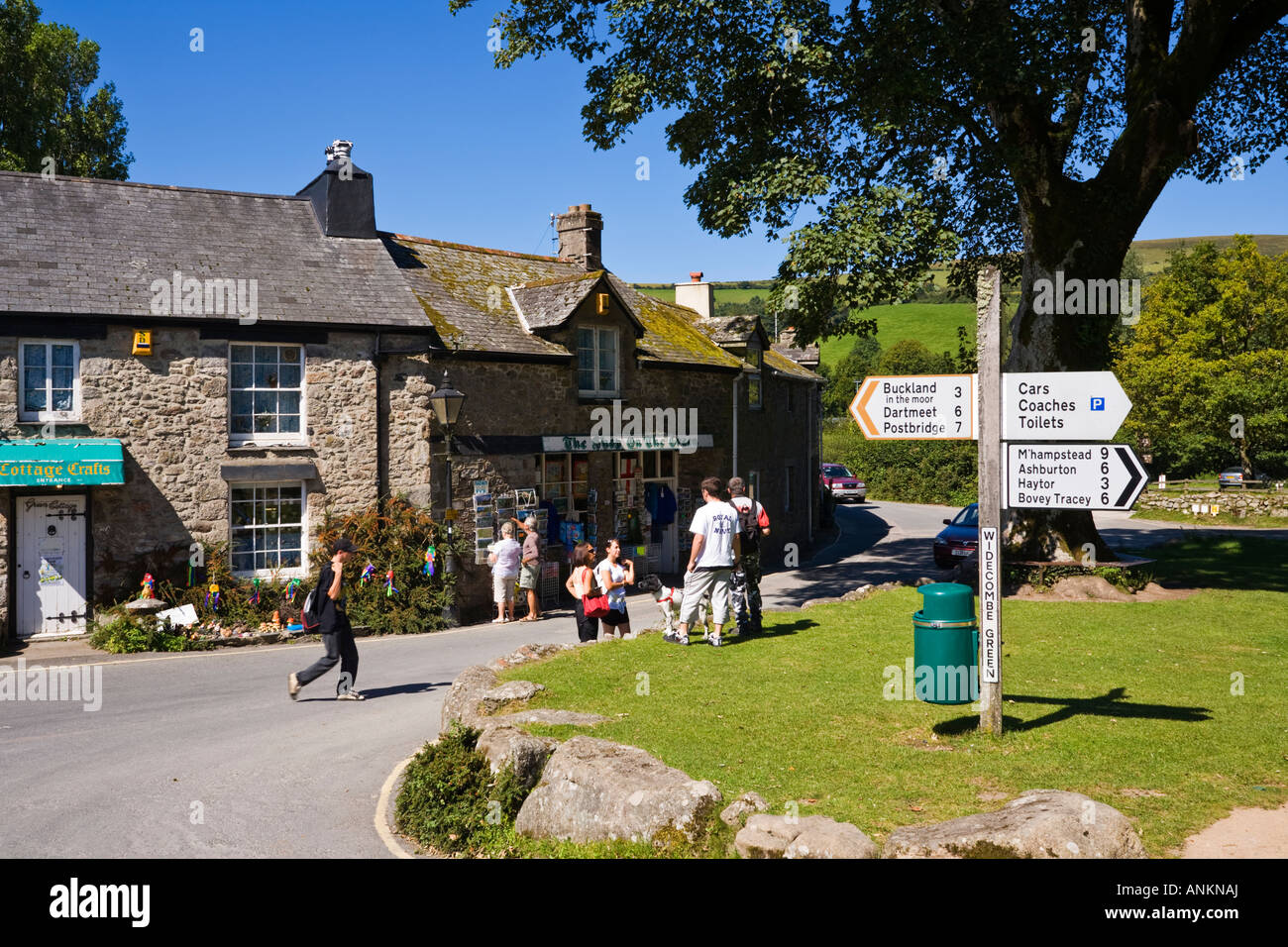 Village green and local shop at Widecombe in the Moor, Dartmoor, Devon, UK Stock Photo