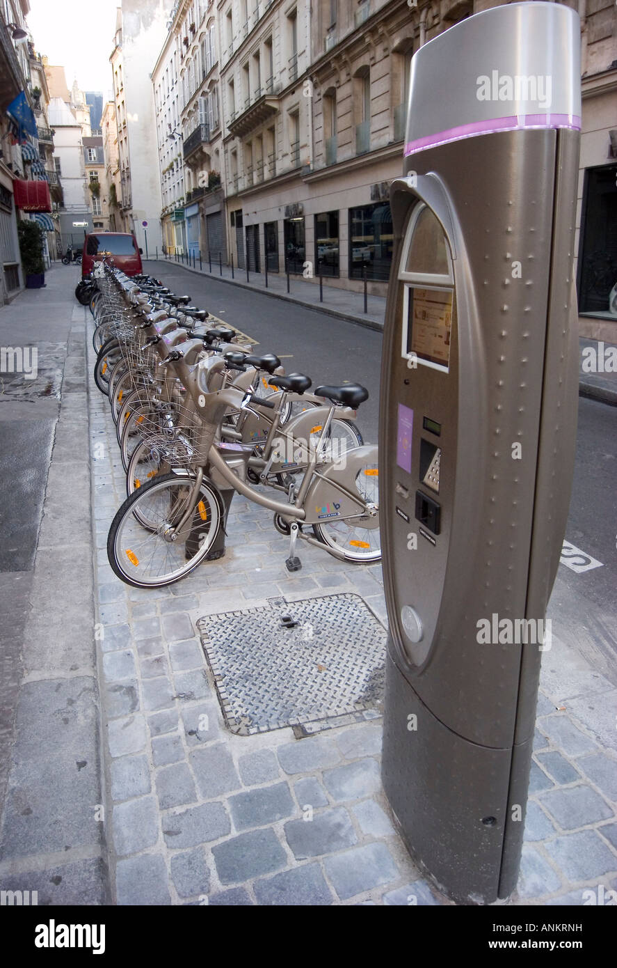 Velib Paris Hire bikes free cycling environment  friendly euro bikes Stock Photo