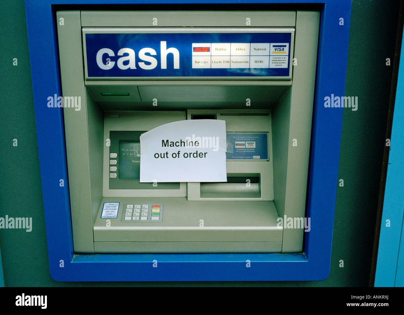 Cash money  dispensing machine with out of order sign Stock Photo