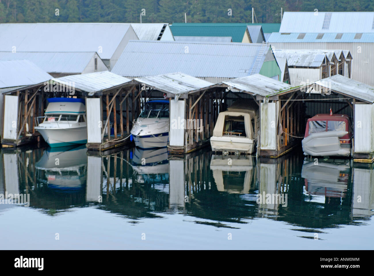 Boat Shelters at Maple Bay Duncan Vancouver Island  (Duncan), British Columbia, Canada Stock Photo