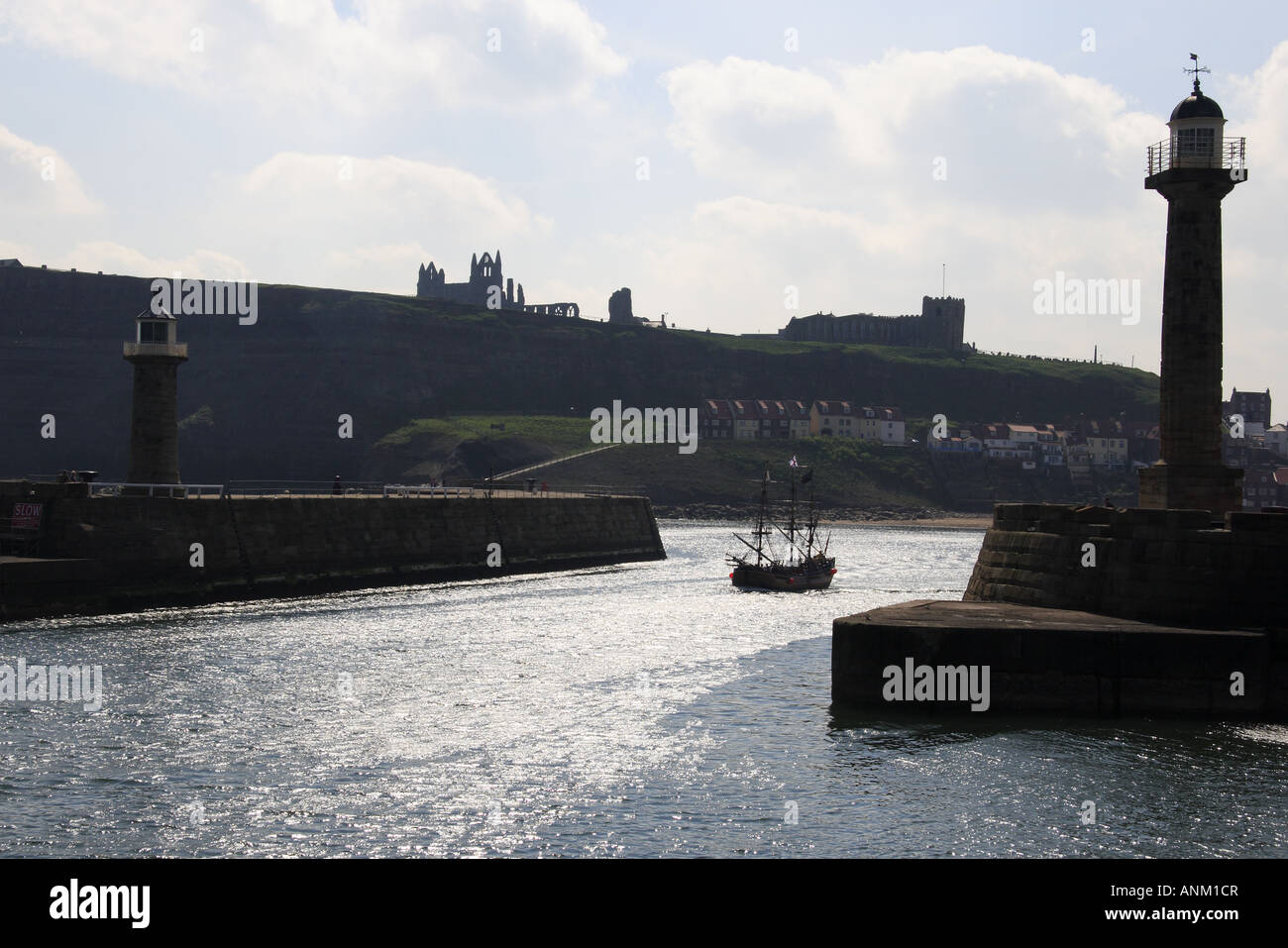 The tour boat Bark Endeavour Whitby leaving Whitby harbour Yorkshire ...