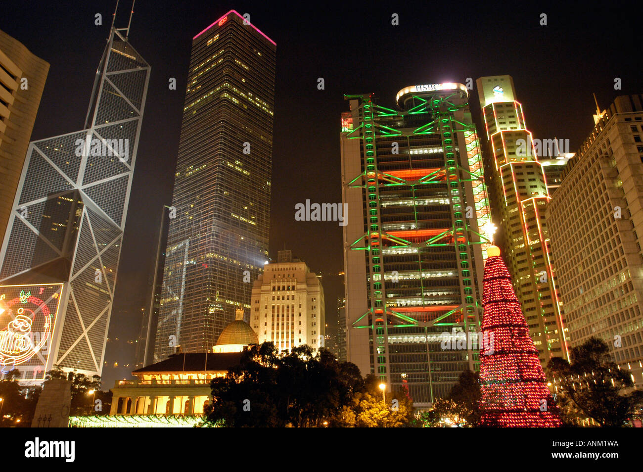Christmas tree lights Statue Square Hong Kong Stock Photo Alamy