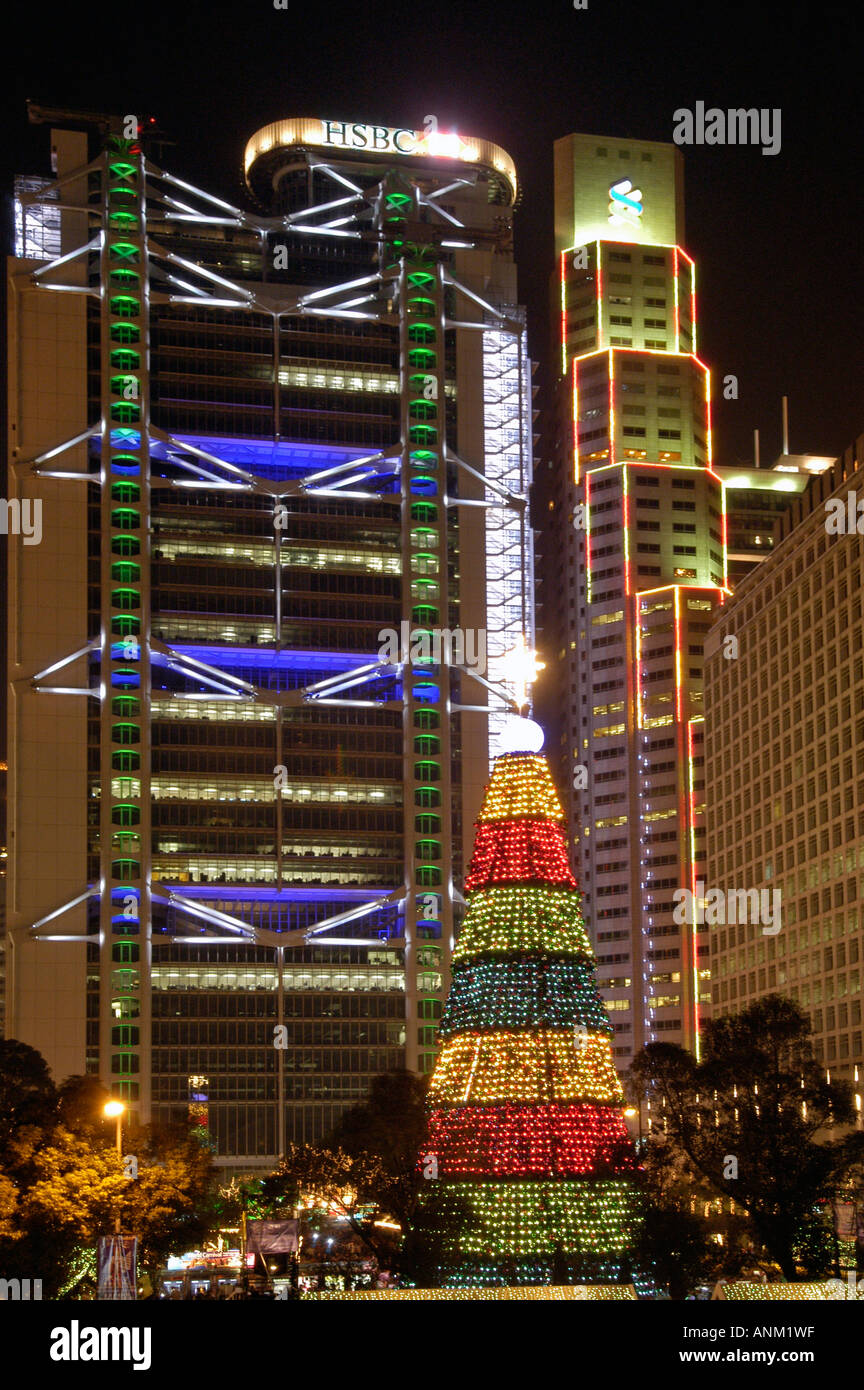Christmas tree lights Statue Square Hong Kong Stock Photo Alamy