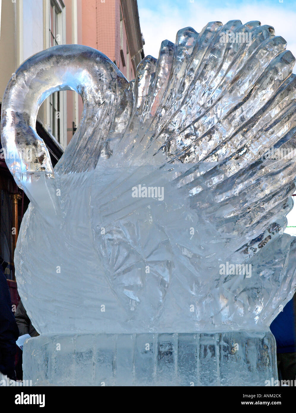 Ice sculpture of a swan at London street, Norwich, East Anglia, UK