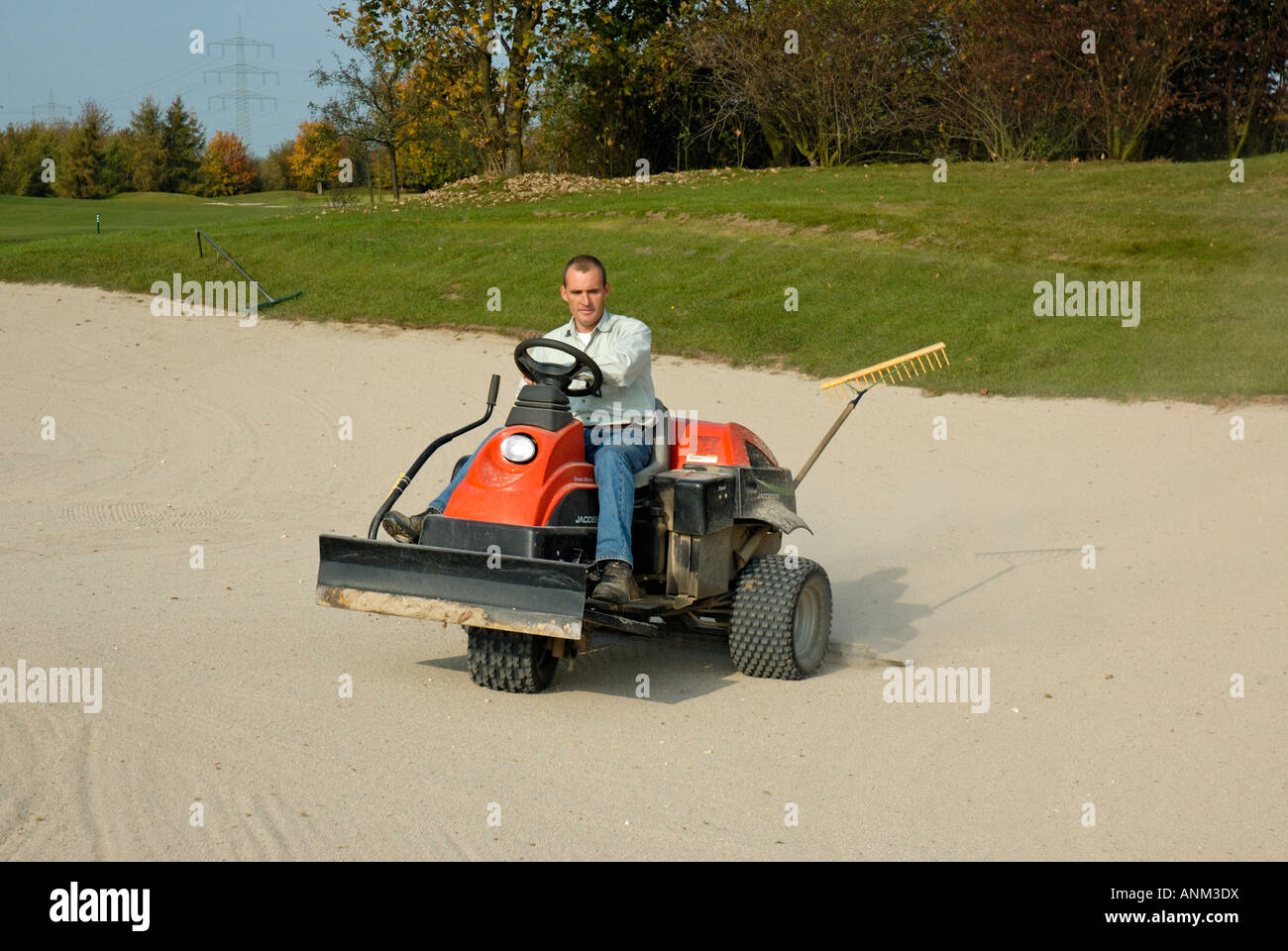 Head green-keeper driving tractor in bunker on golf course. Stock Photo