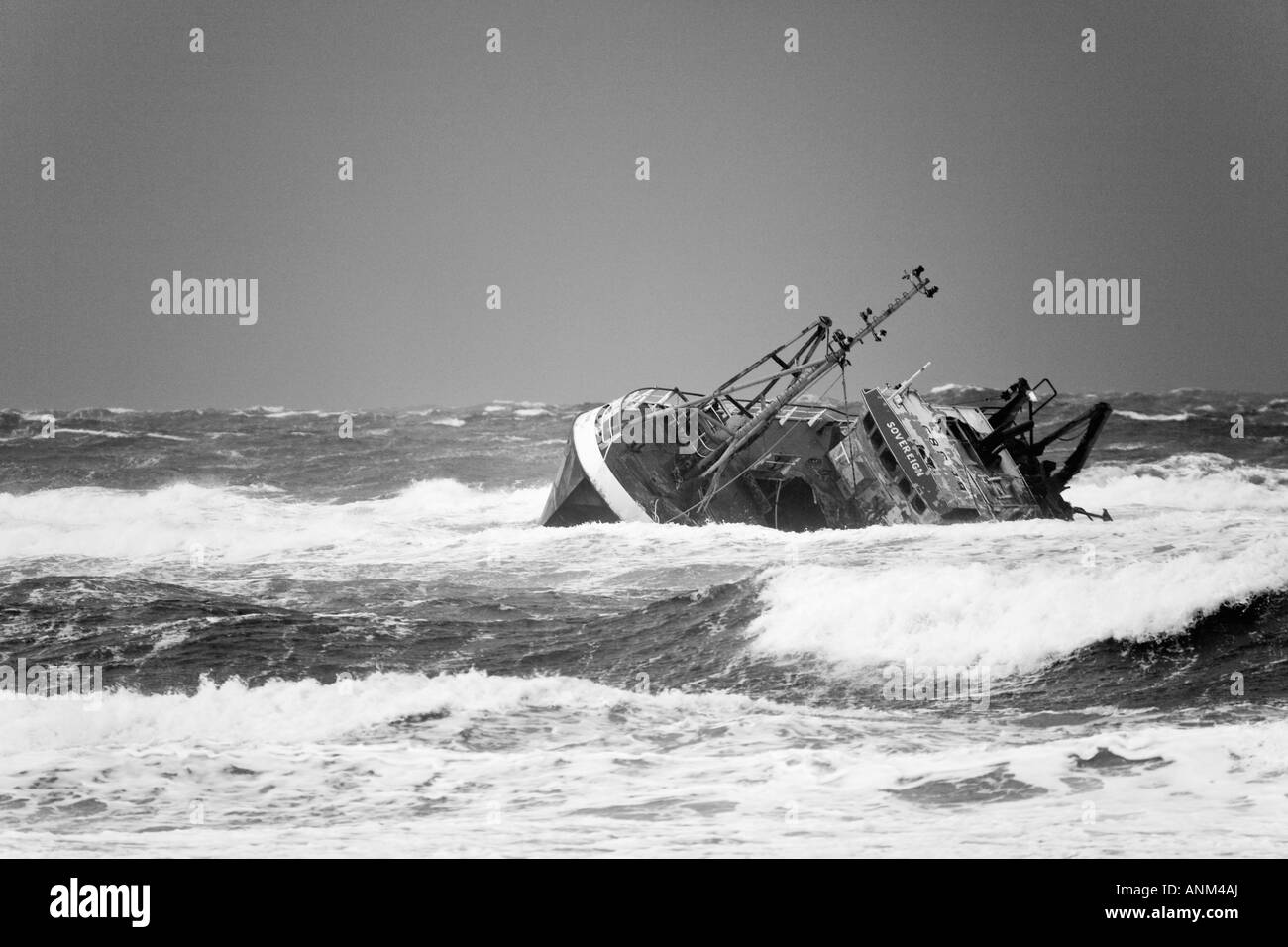 Beached grounded wreck of Banff Fishing Vessel boat BF 380 aground on rocks at Cairnbulg Point Fraserburgh, North East Scotland. Stock Photo