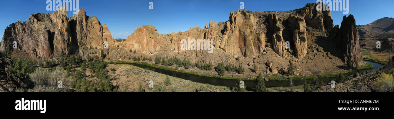 panorama of the front side of Smith Rock state park Oregon with the crooked river and cliffs Stock Photo