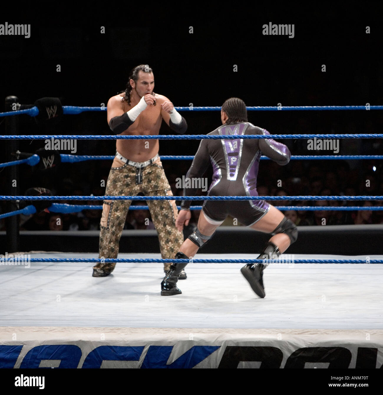 Matt Hardy attacks Funaki during a WWE Smackdown show in Madrid, Spain. Stock Photo