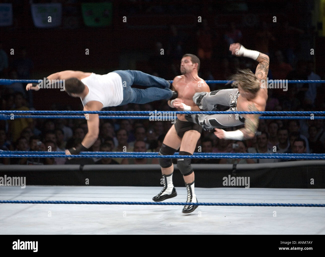 An acrobatic scene during a fight at a WWE Smackdown event in Madrid, Spain. Stock Photo