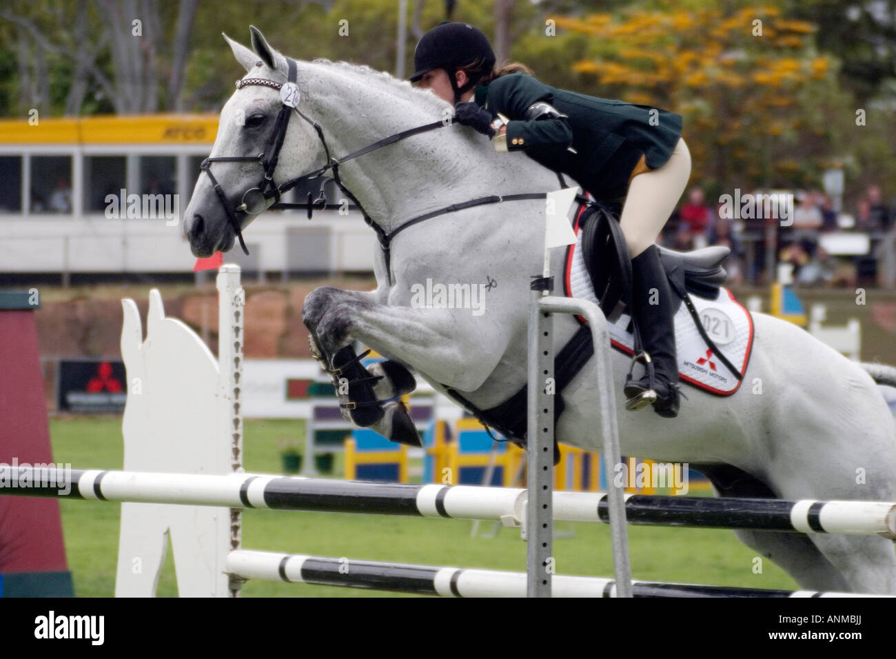 Rider and horse jumping fence during competition in 2004 Adelaide