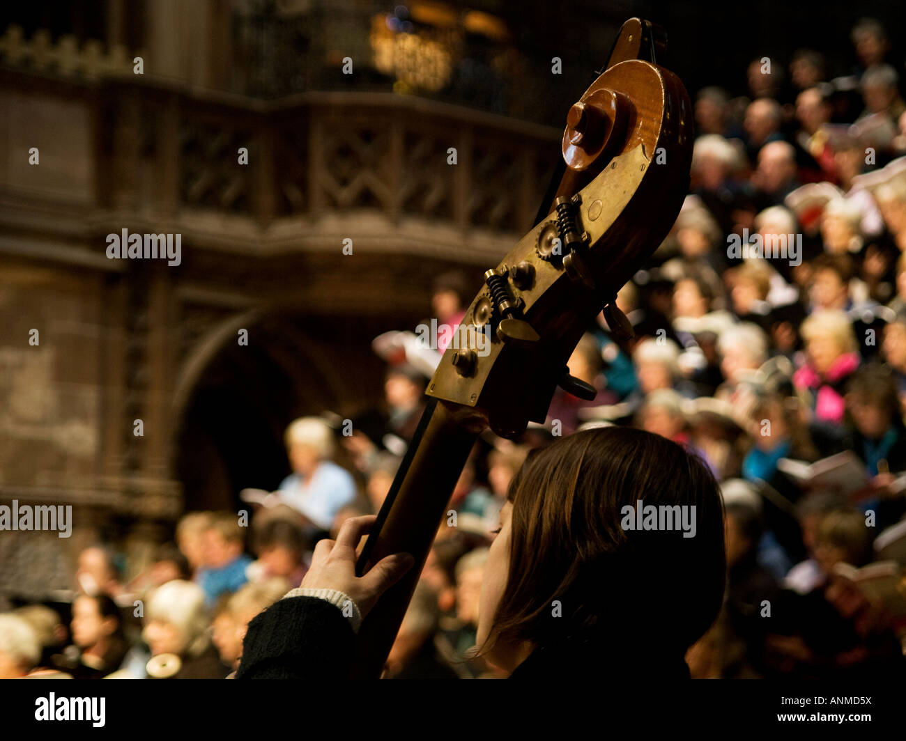 Double bass player with choir playing in Chester Cathedral. Faces not