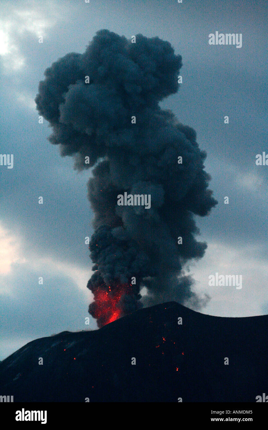 Fire and fumes rising from the erupting volcano in Barren Island Andaman Stock Photo