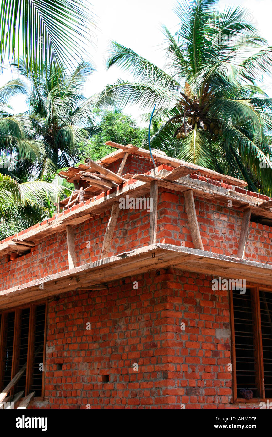 View of a portion of a building under construction and the coconut trees behind Stock Photo
