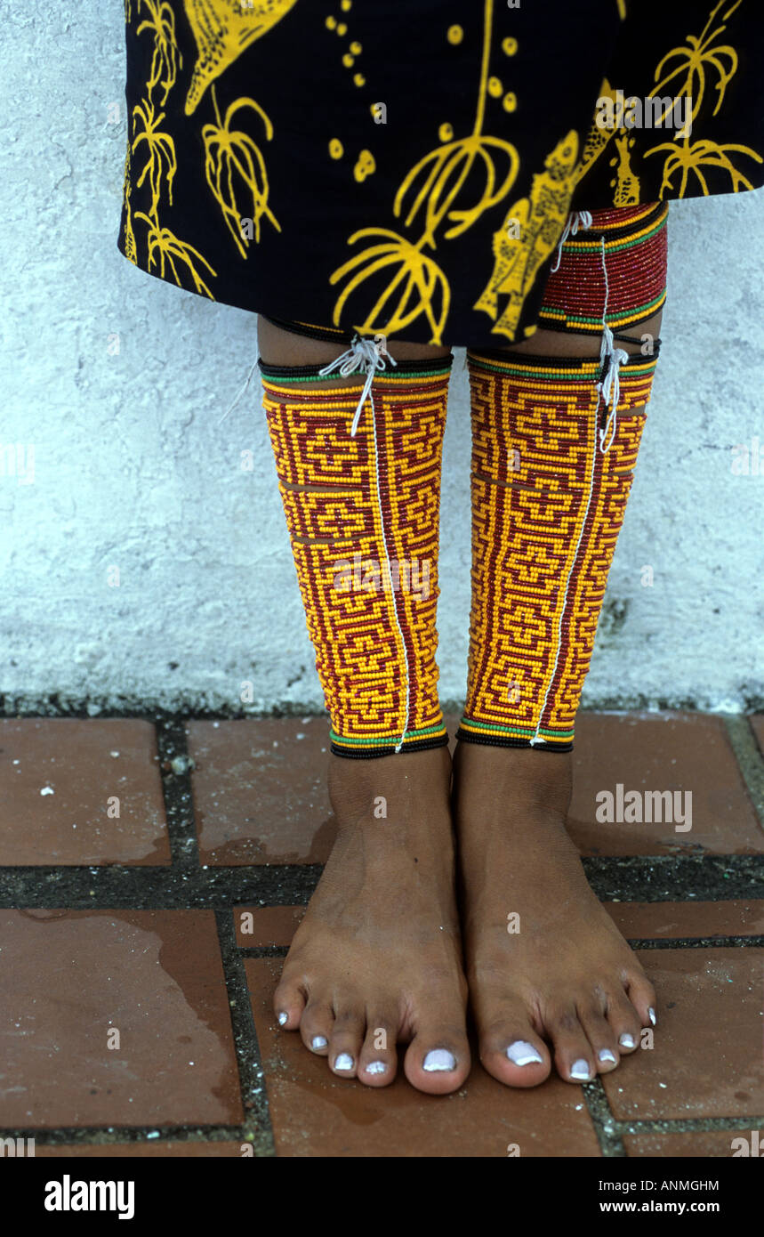 Kuna Yala tribal woman in Panama City, Panama. Detail showing traditional embroidery on her legs Stock Photo