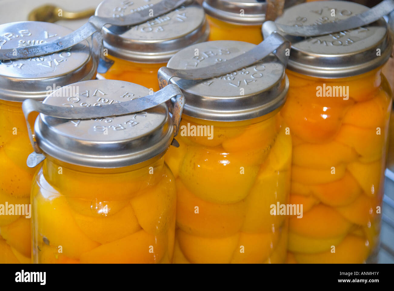 Bottled ripe apricots packed into vacuum jars to be preserved in a light sugar syrup Stock Photo