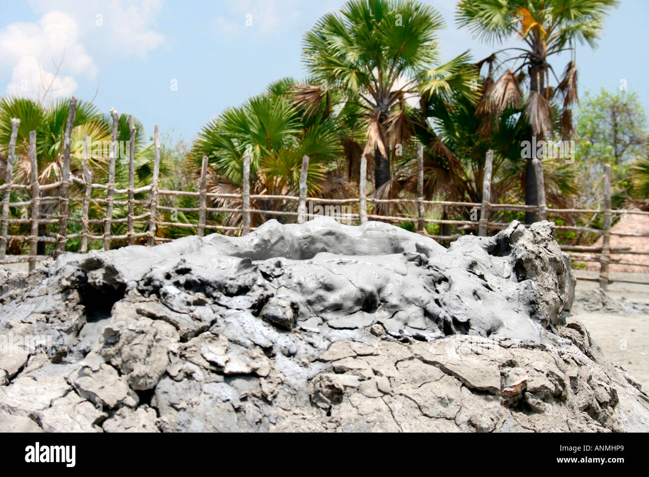 Close up of a mud volcano fenced off from the green surroundings at Baratang, Andaman India Stock Photo