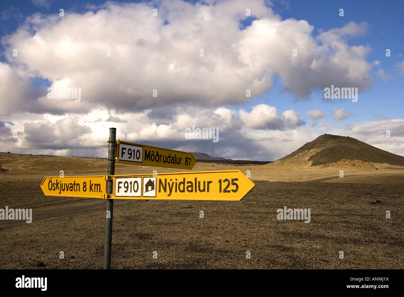 Signpost points near askja caldera Interior Iceland Stock Photo