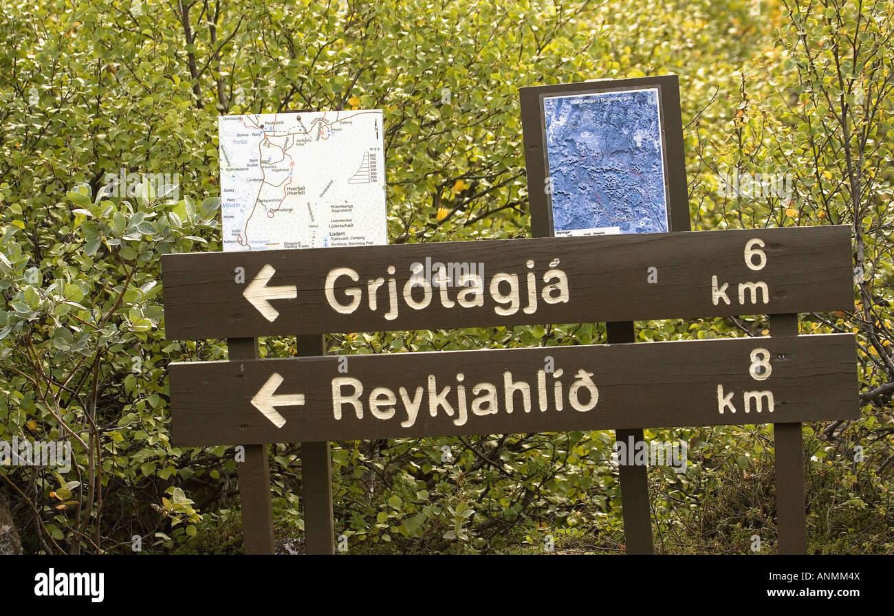Direction sign in Myvatn lake Iceland Stock Photo