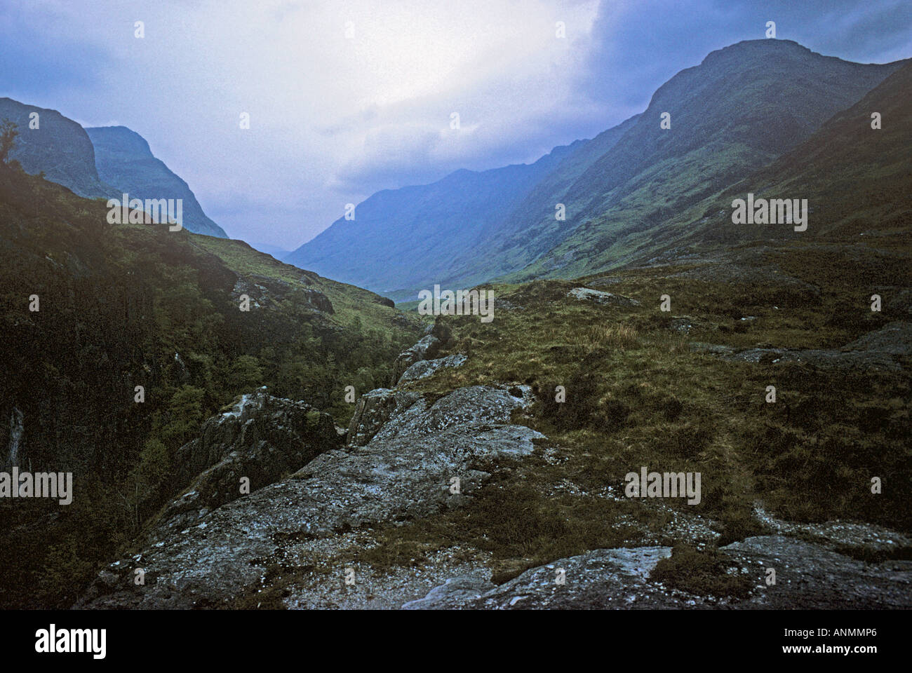 The Pass at Glencoe shrowded in mist Scene of the 17th century massacre of the MacDonalds in the Scottish Highlands Stock Photo