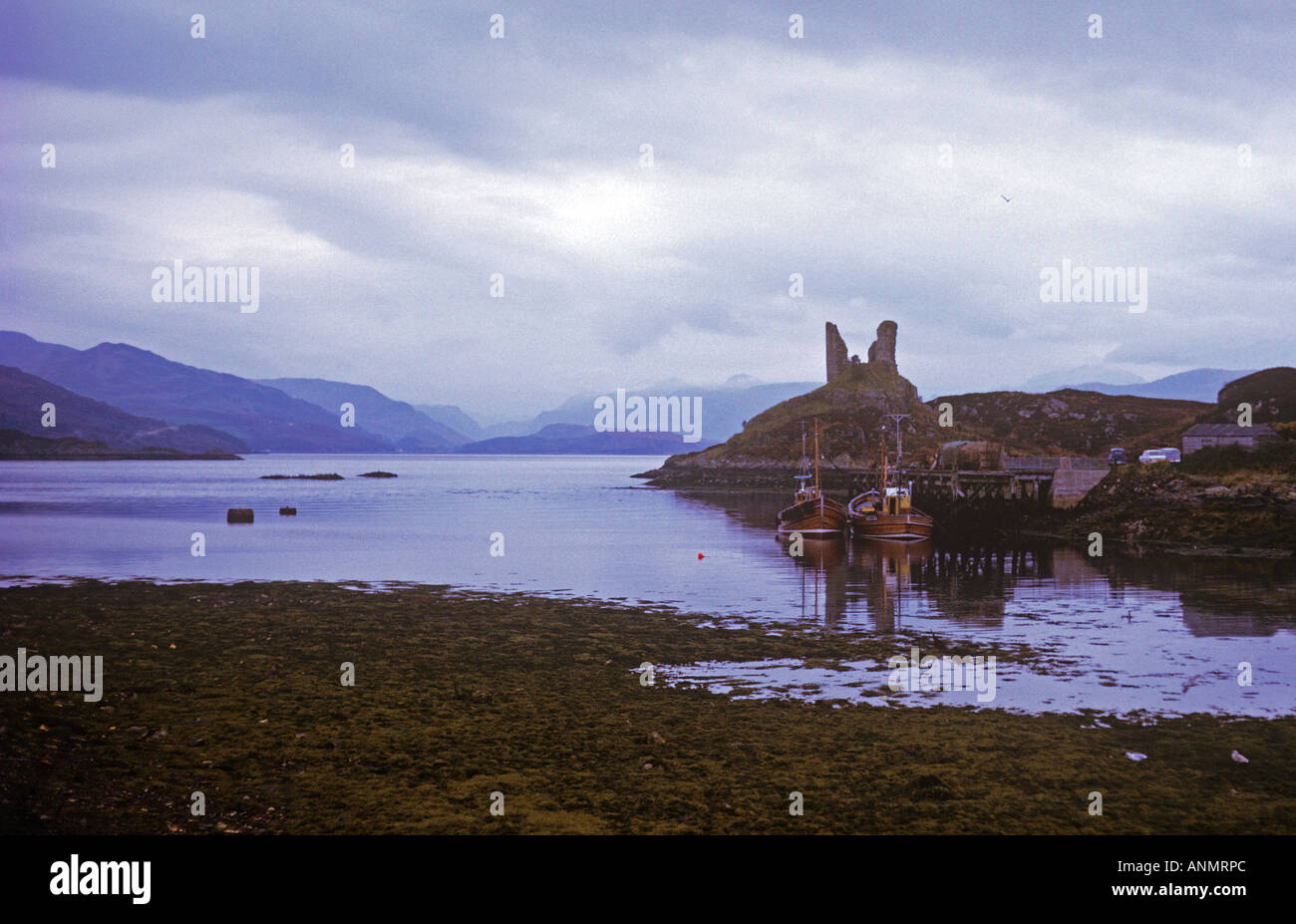 Ruined Castle of Moil overlooking the harbour of Kyleakin on the Island side of The Kyle of Lochalsh Stock Photo