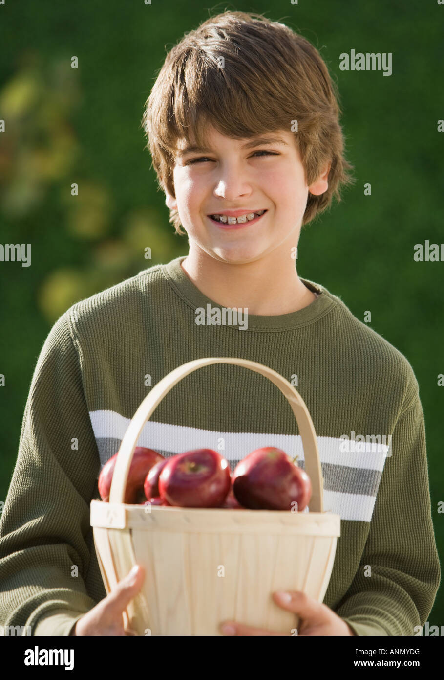 Boy holding basket of apples Stock Photo