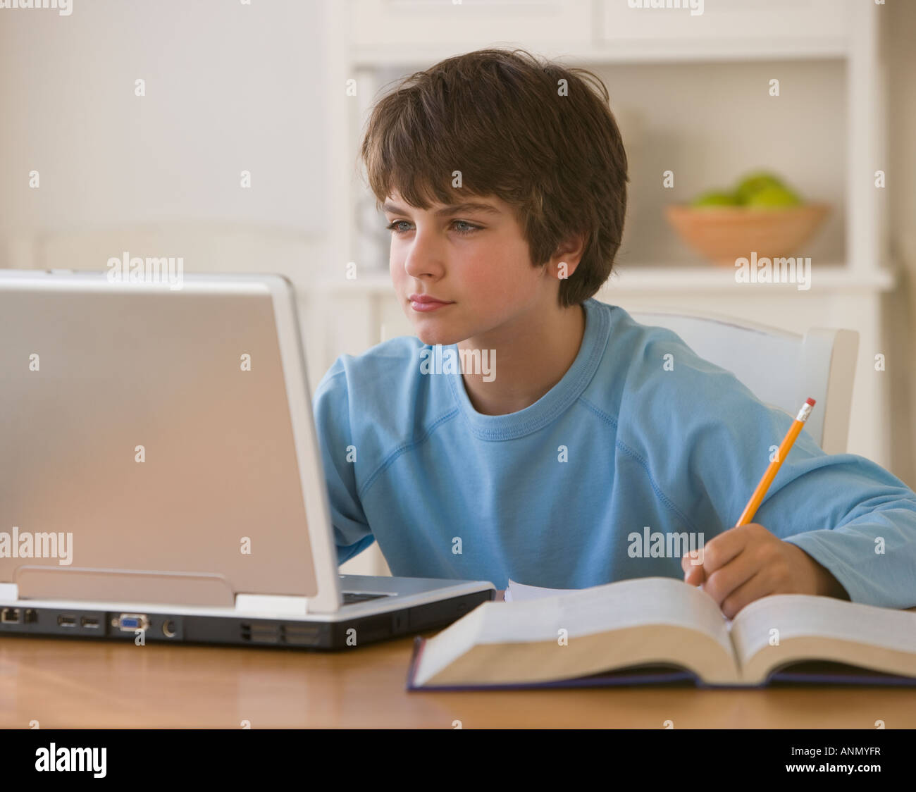 Boy doing homework with laptop Stock Photo