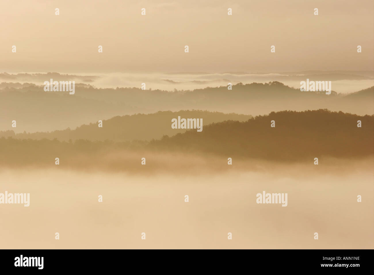 Landscape of misty valleys and interlocking hills Stock Photo - Alamy