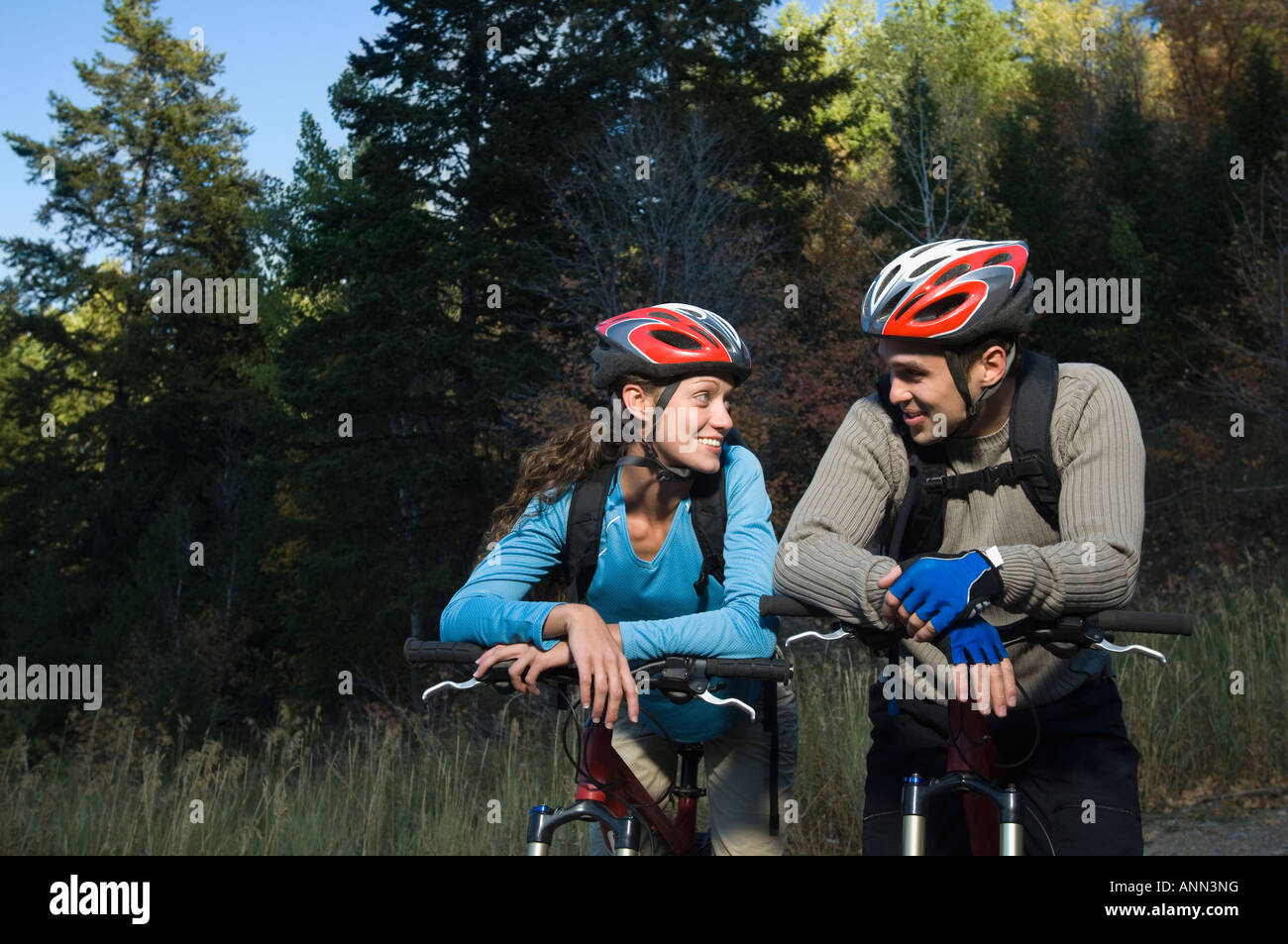 Couple on mountain bikes, Utah, United States Stock Photo