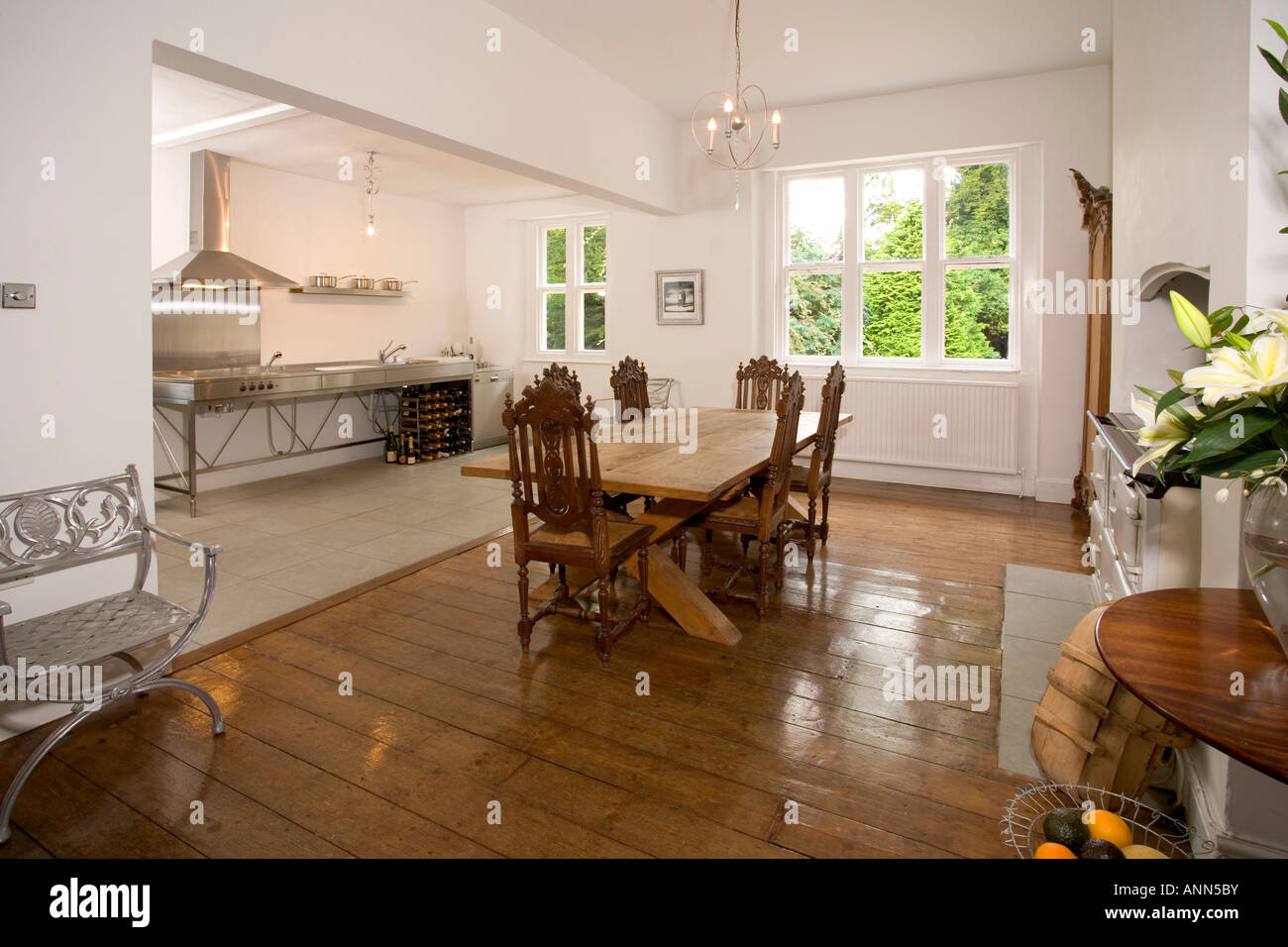 Home interior, large kitchen with industrial stove unit and dining area