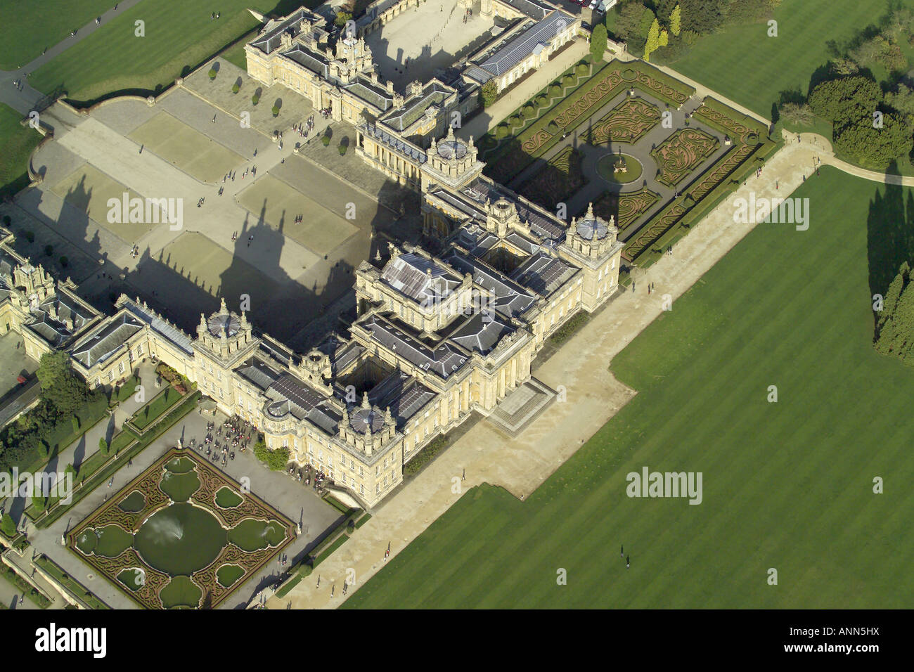 Aerial view of Blenheim Palace with it's formal gardens near Woodstock in Oxfordshire, once home to Winston Churchill Stock Photo