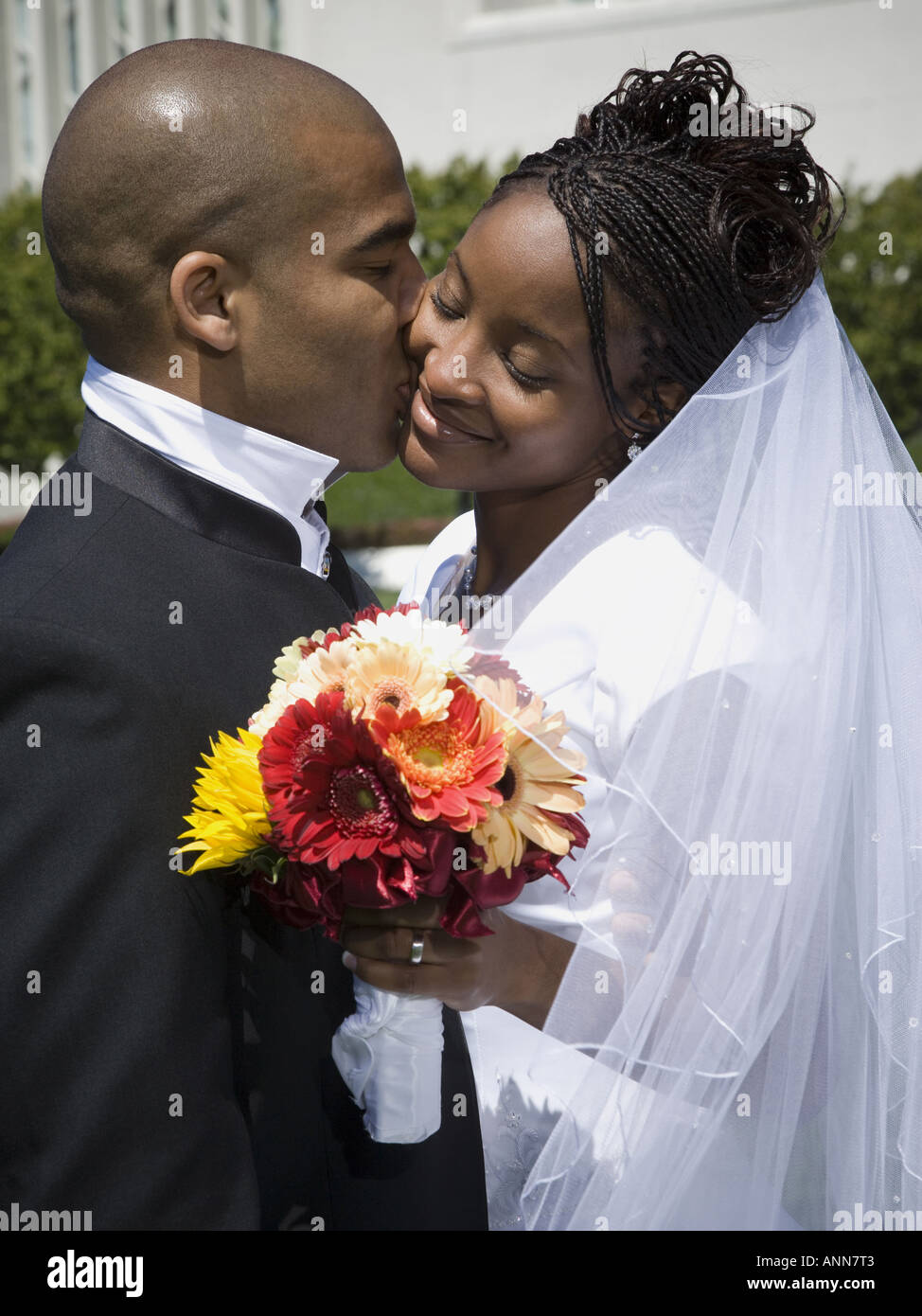 Profile of a groom kissing his bride Stock Photo - Alamy