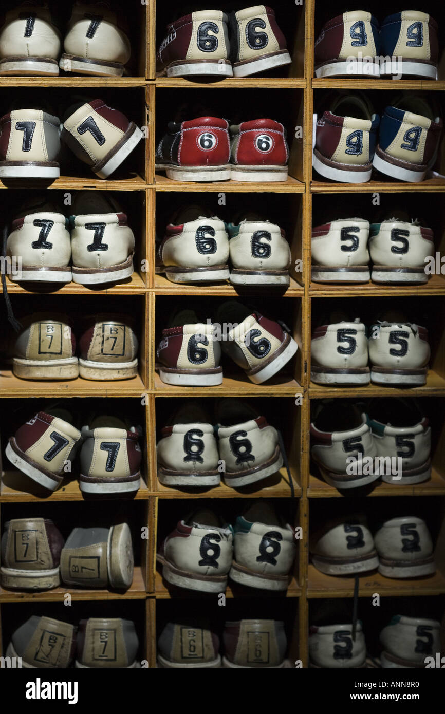 Rack of bowling shoes Stock Photo Alamy