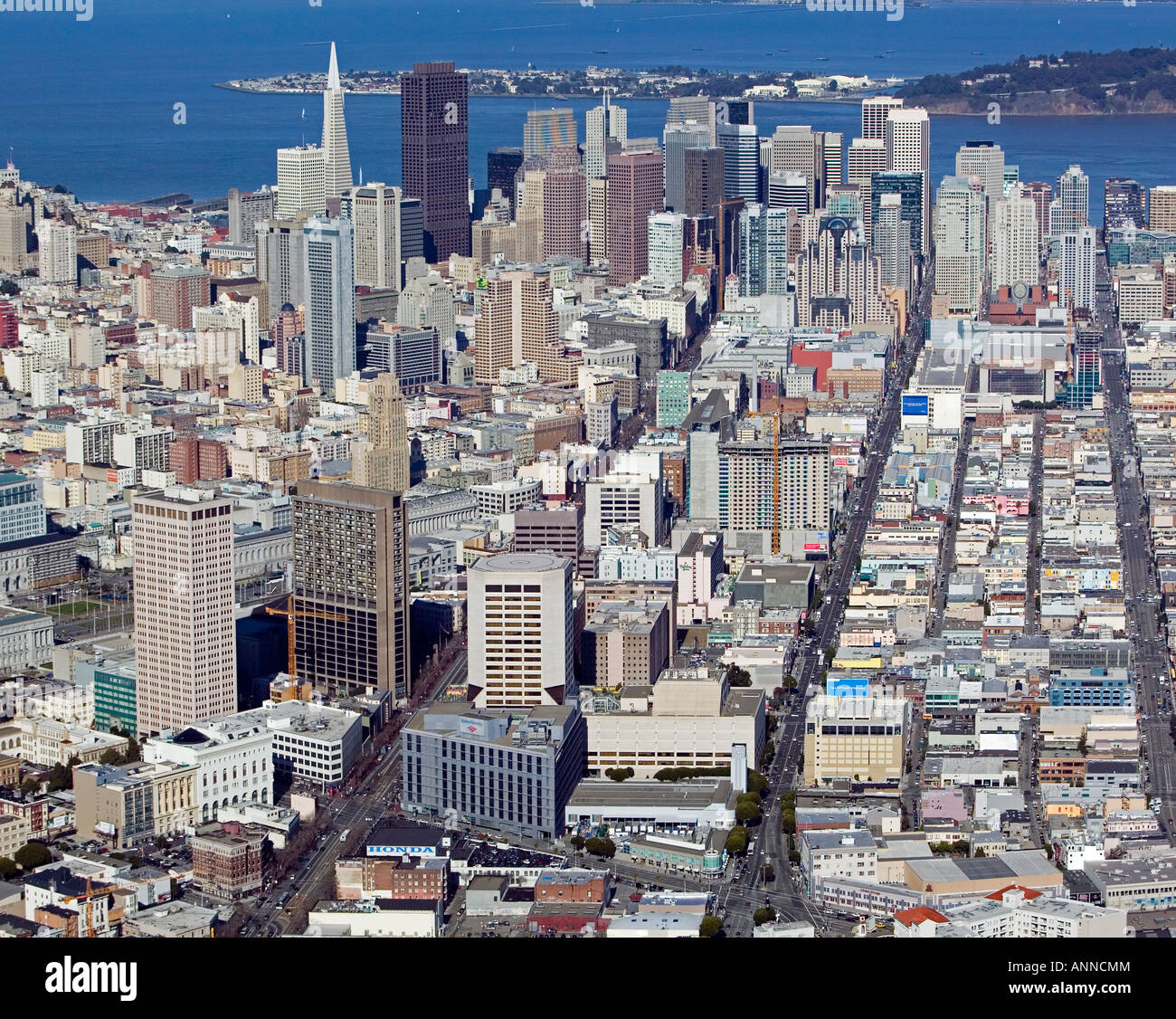 aerial above Van Ness avenue down Mission towards San Francisco bay