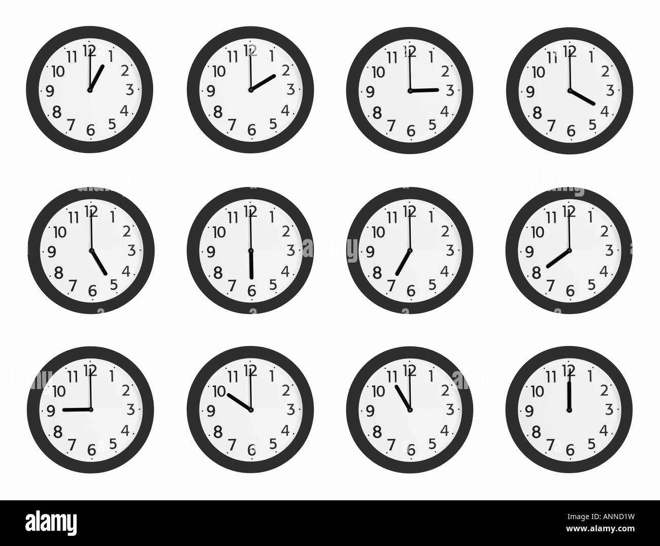 Sequence of clocks showing full hours Stock Photo