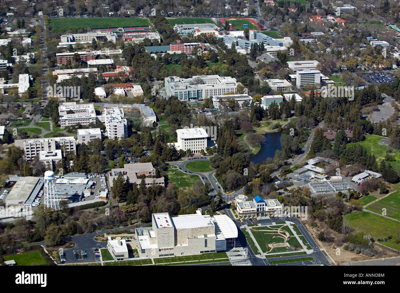 aerial above University of California at Davis campus Stock Photo