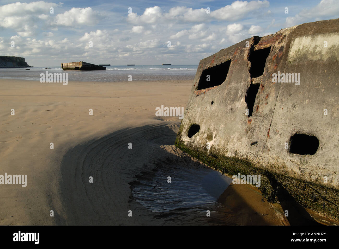 Sections of Mulberry Harbour used in D-Day Normandy landings, Arromanches, France Stock Photo