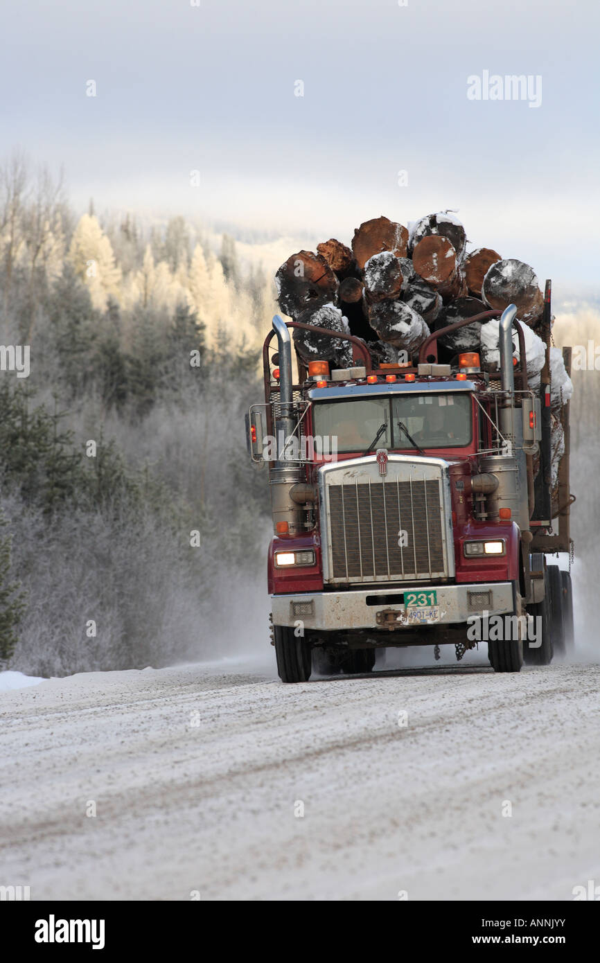 Loaded logging truck in winter Smithers British Columbia Stock Photo