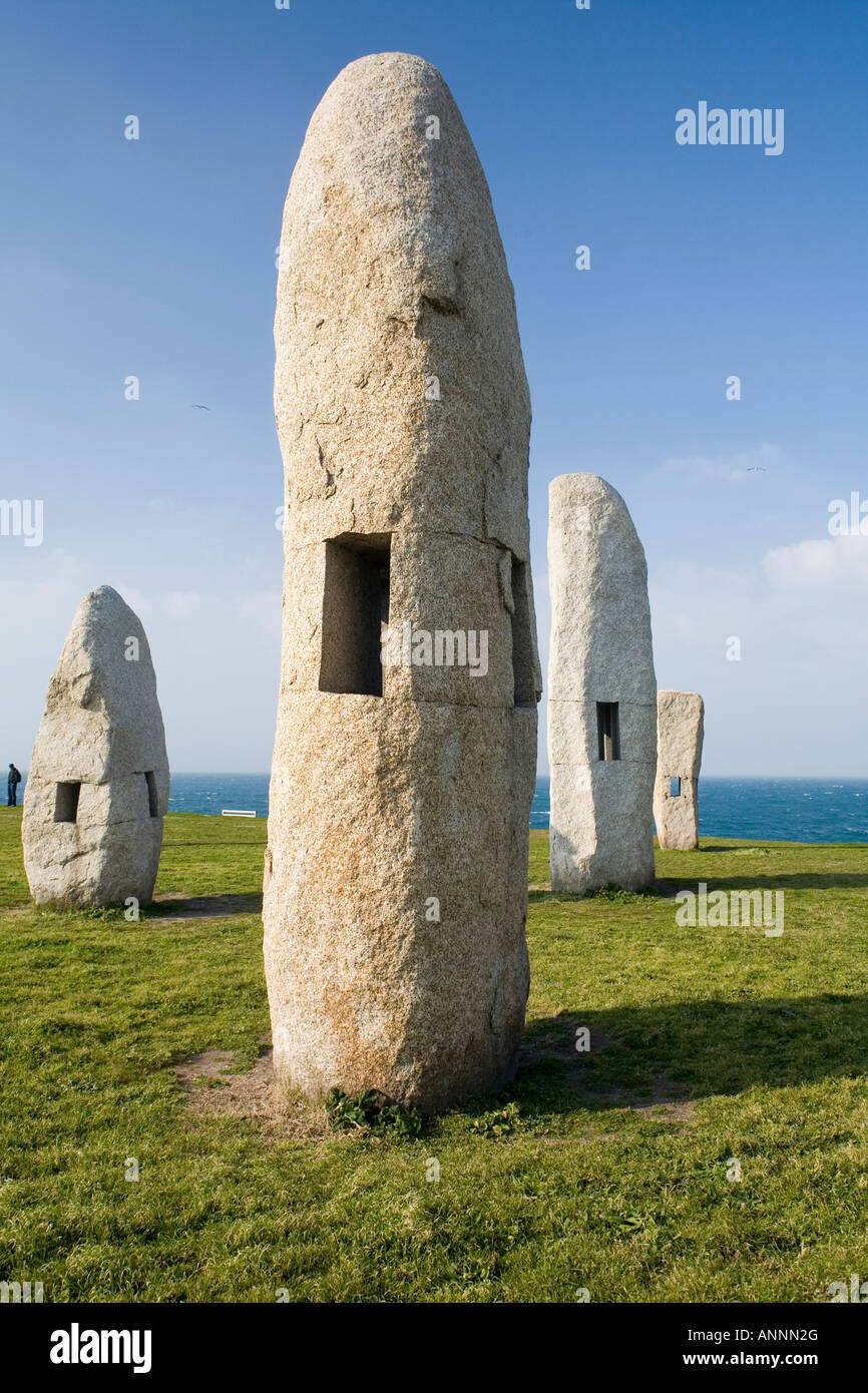 A family of standing stones in a sculpture park (Parqe Celta) at A Coruña in Galicia, Spain created by sculptor Manolo Paz. Stock Photo