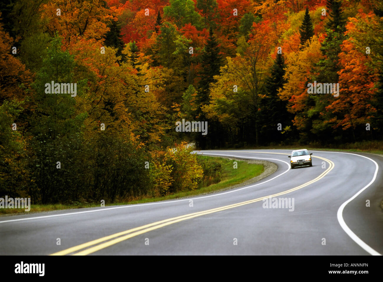 Car on Vermont Highway 100, north of Eden Mills, Vermont, USA Stock