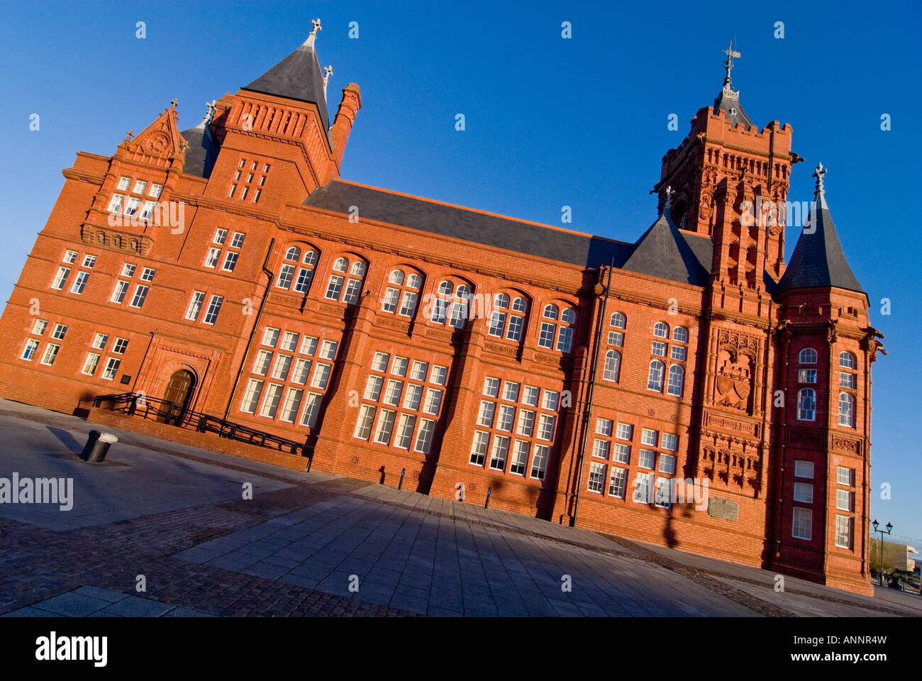 Horizontal wide angle of the distinctive redbrick Pierhead Building, formerly the Bute Dock Company headquarters, in Cardiff Bay Stock Photo