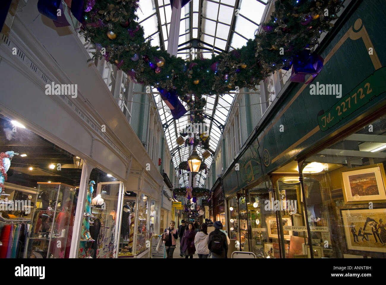 Horizontal wide angle of Morgan arcade the oldest Victorian arcade in central Cardiff decorated at Christmas Stock Photo
