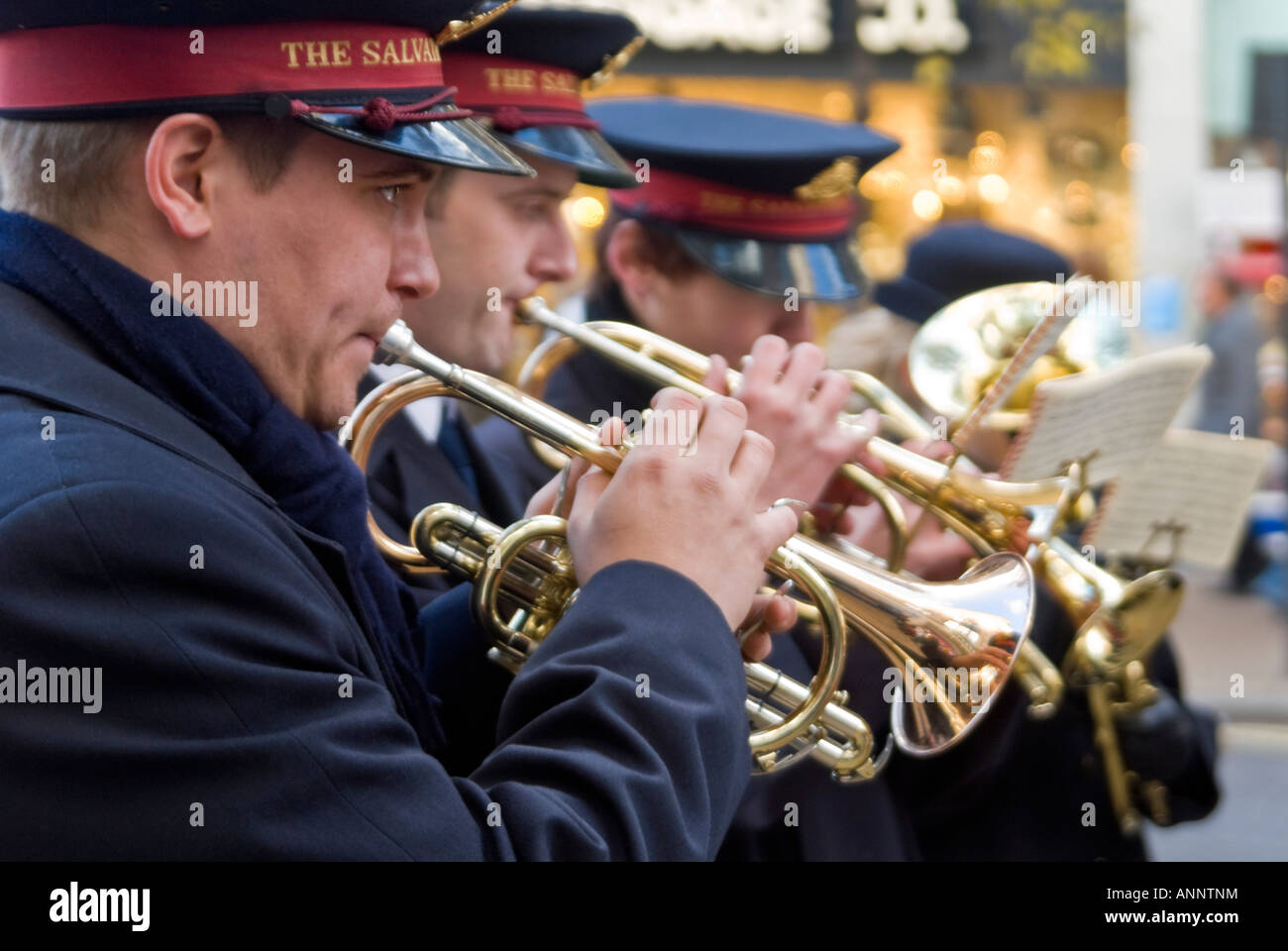 Horizontal close up of trumpet players in a Salvation Army brass band