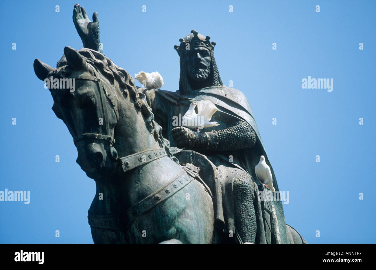 White doves settle on the chain mail armour on the statue of Jaume I of Aragon who waves from his horse in the Placa Espanya Palma Stock Photo