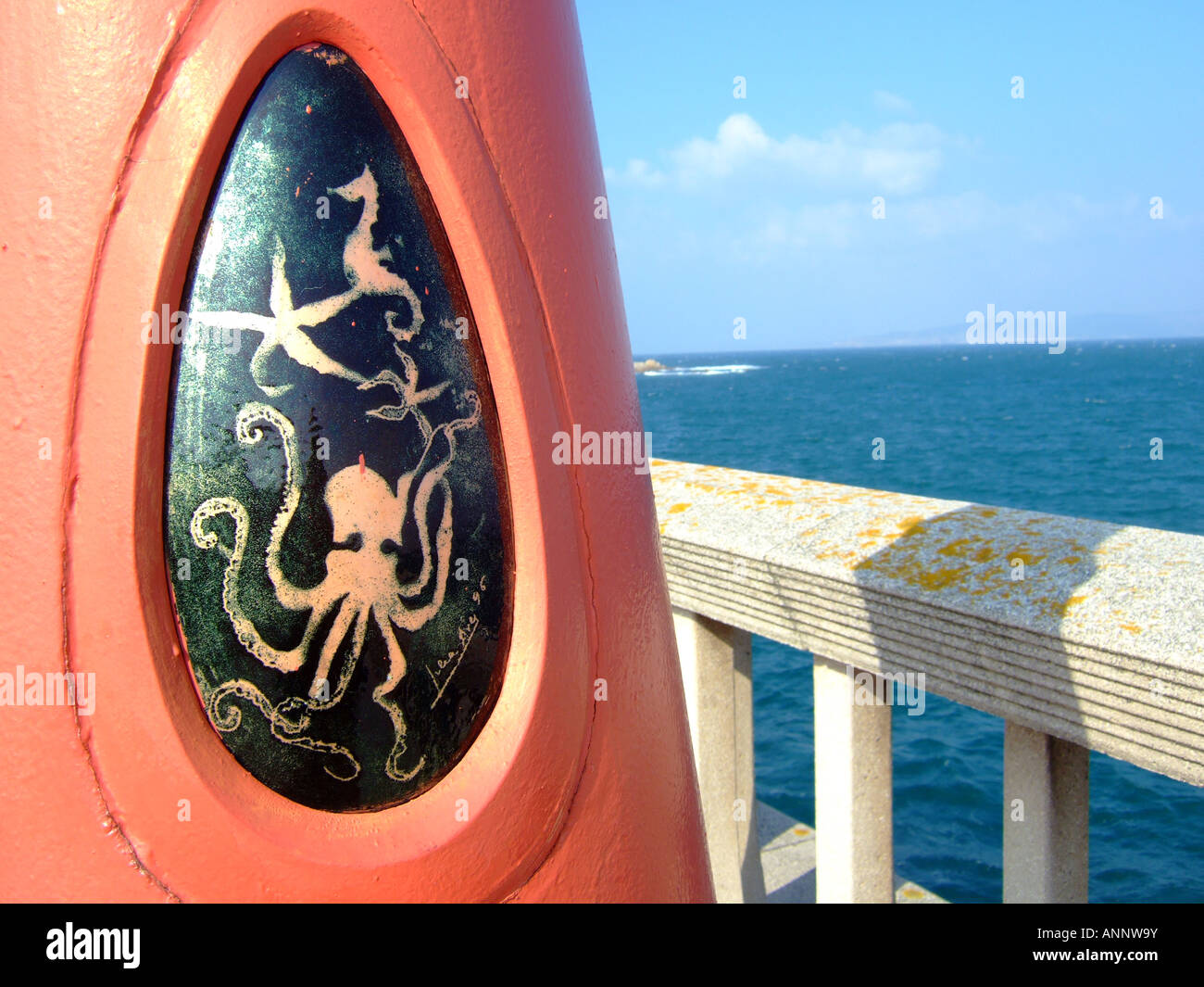 Lamp post bearing an image of 'Pulpo', Octopus which is the famous local dish in Galicia, Northern Spain. Stock Photo
