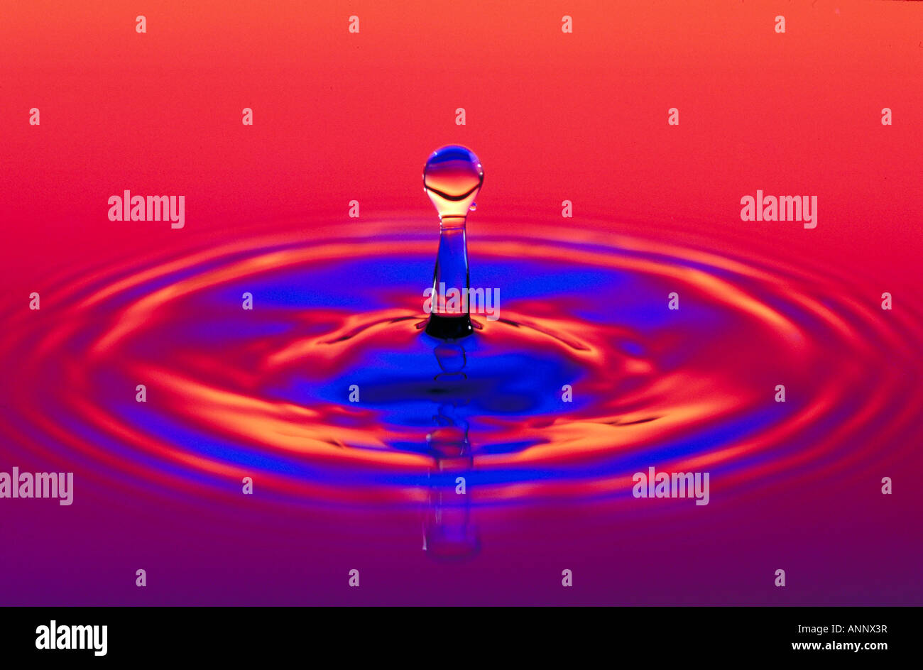 Pillar result of recoil from impact of water droplet Water frozen by strobe light. Stock Photo