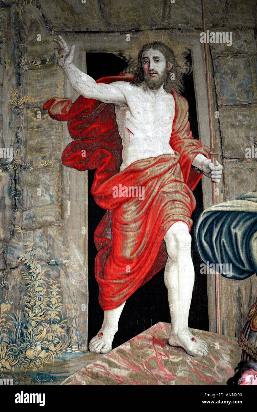 In the Vatican museums Gallery of Tapestries a resurrected Jesus Christ shines out of a 16th century tapestry woven in Brussels Stock Photo