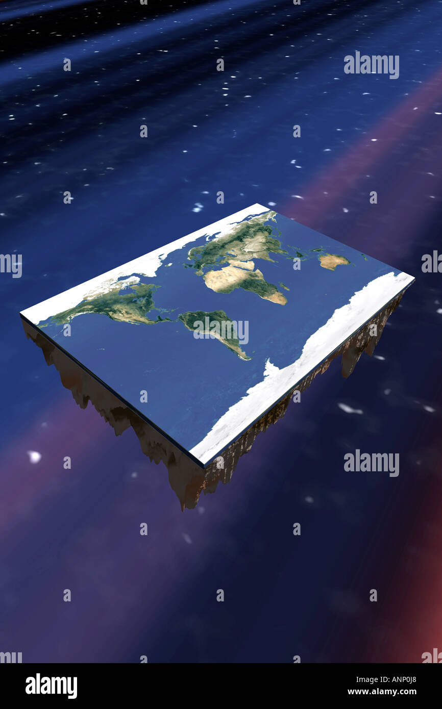 High angle view of a flat rectangle earth floating through the space Stock Photo