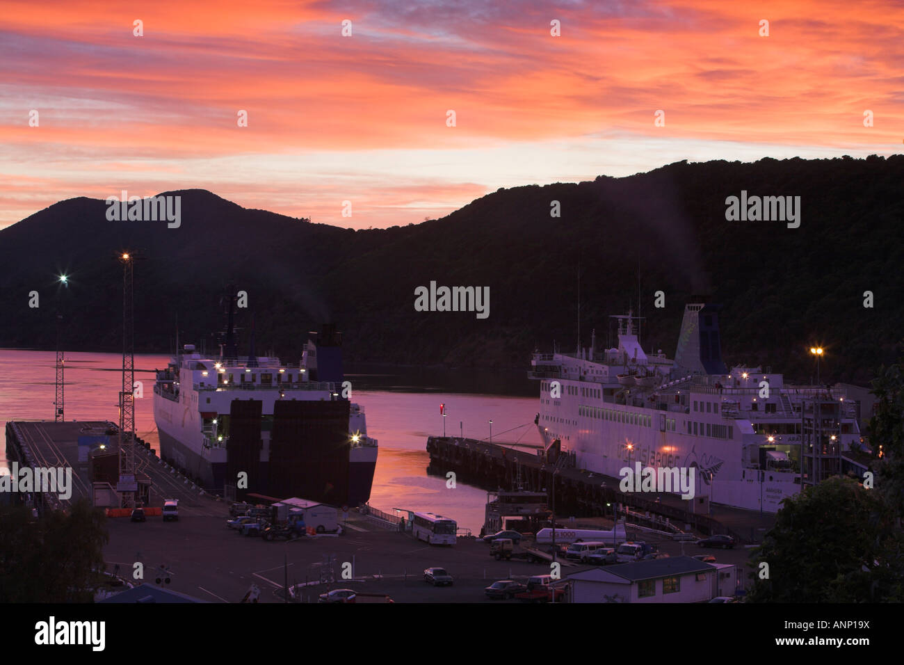 Picton ferryport the Queen Charlotte Sound and the Interislander ferry seen at sunrise from